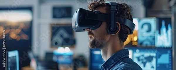 Obraz Designer working on a VR project using a computer with 3D modeling software, illustrating VR content creation