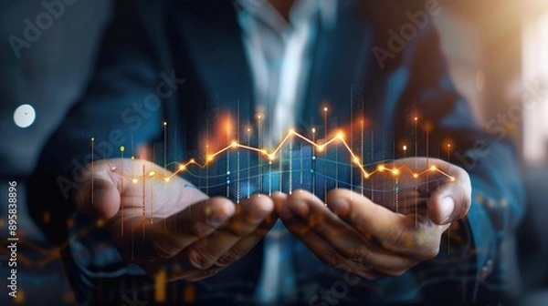 Fototapeta Stock profit power manipulation background image.Businessman control stock market direction to get profit by pick up the growth arrow symbol with chart and graph by his two hands. Hope, Prosperity, 