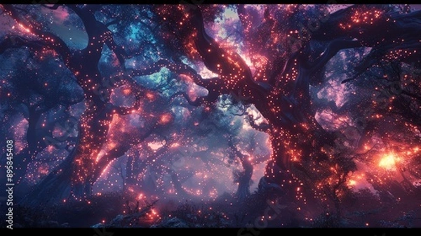 Fototapeta A mystical forest scene illuminated by countless glowing orbs, creating a mesmerizing and otherworldly atmosphere under a starry twilight sky with ethereal hues.