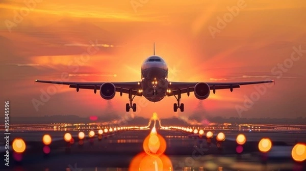 Fototapeta A stunning sunset view of an airplane landing, showcasing vibrant colors and a picturesque airport runway.