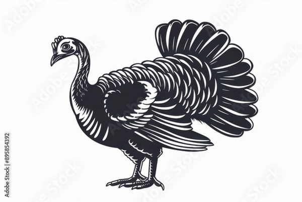 Fototapeta Black and white flat vector art of a turkey, svg style, isolated on white background, simple vector art design. 