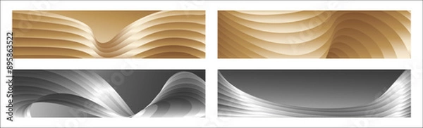 Fototapeta Wavy silver and gold parallel gradient lines, ribbons, silk. Set of 4 backgrounds. Black and white with shades of gray or golden silk. Banner, poster. eps vector