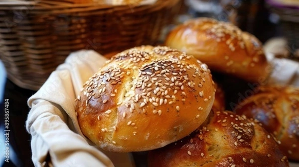 Fototapeta Freshly baked bread rolls in a wicker basket, topped with sesame seeds, capturing the aroma and texture of artisanal baking.
