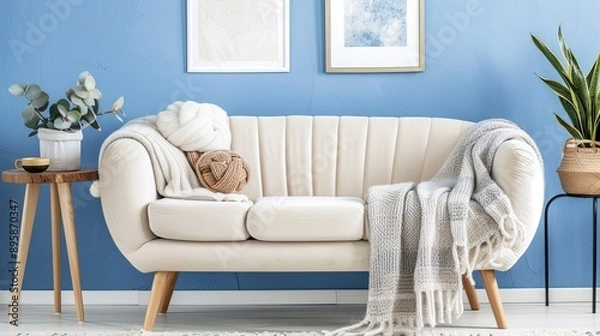 Obraz A white sofa with a throw blanket and a pillow is positioned in a modern living room with a blue wall. A small wooden side table sits nearby