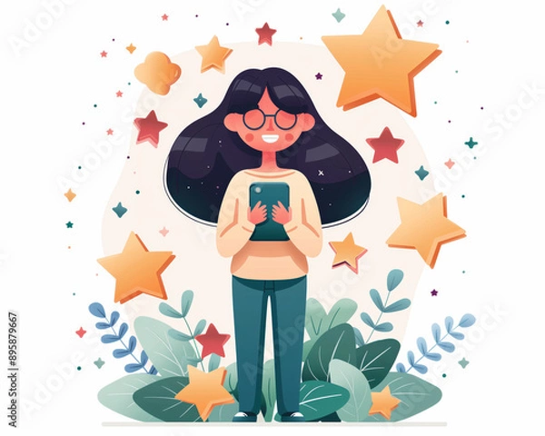 Fototapeta A cheerful girl with glasses holds a smartphone, surrounded by stars and plants, representing technology and creativity.