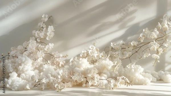 Fototapeta Oversized White Florals and Vines with Gradient White and Beige Background