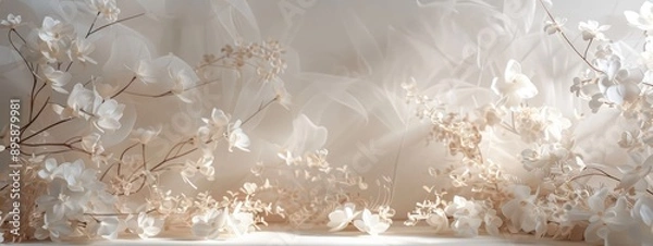 Fototapeta Oversized White Florals and Vines with Gradient White and Beige Background
