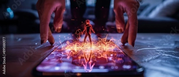 Fototapeta Hands Interacting with Holographic Figure Emanating from Smartphone Screen Highlighting Augmented Reality and Advanced Technology Innovations