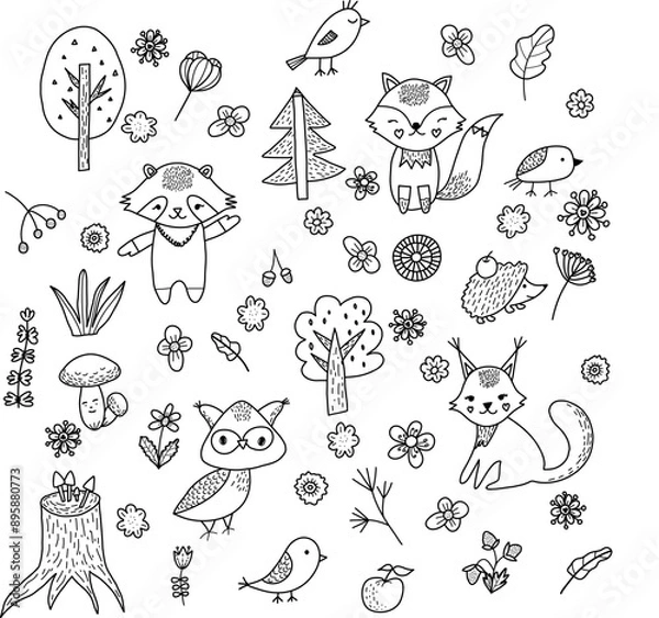 Fototapeta Black and white doodle forest set of animals and nature