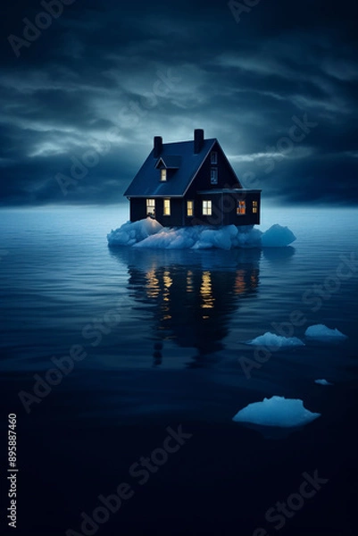 Fototapeta ironic picture from Greenland, a blue house floating on an little iceberg 