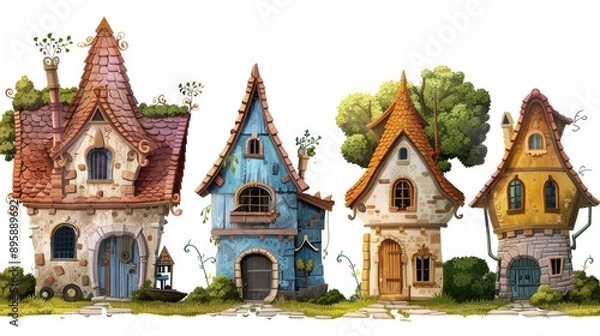 Fototapeta set of four cartoon houses, hut as in the game, buildings on a white background, generative AI