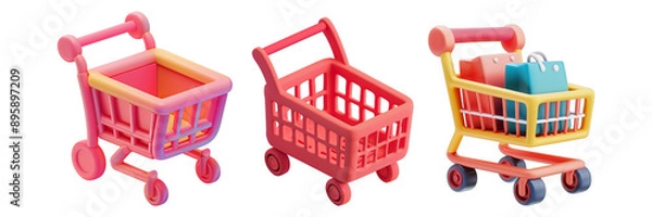 Fototapeta Set of simple 3D icon shopping cart, isolated on transparent white background