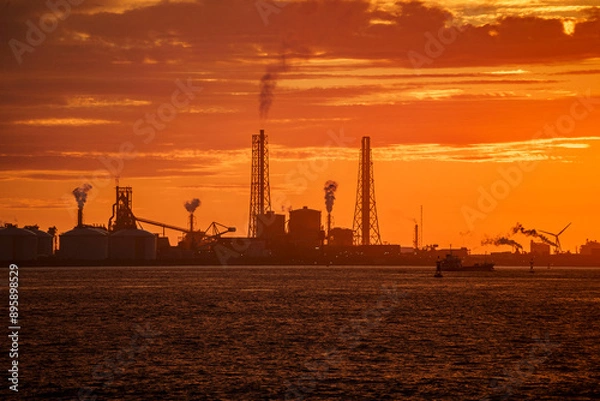 Obraz 日が沈む海沿いに並ぶ工場のシルエット　北九州工業地域　