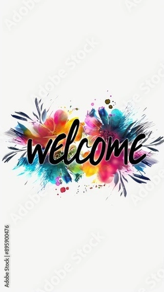 Fototapeta black Welcome greeting text on white background with colorful rainbow waves and swirling lines, events, websites, greetings, hospitality industry and promotional materials