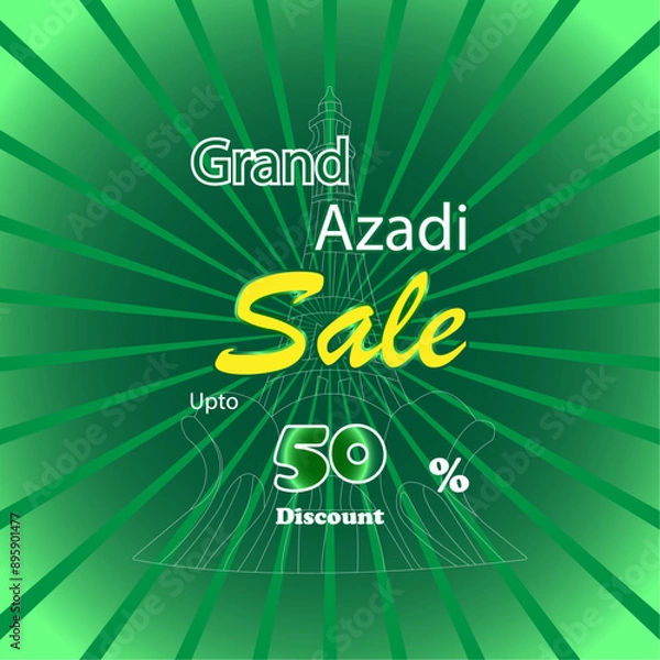 Fototapeta Grand Azadi sale 50 % discount, 14 August, independence day celebrations, sunburst effect, vector file, gradient background