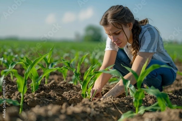 Fototapeta Woman planting young seedlings in a field, symbolizing sustainable farming practices and care for the environment.