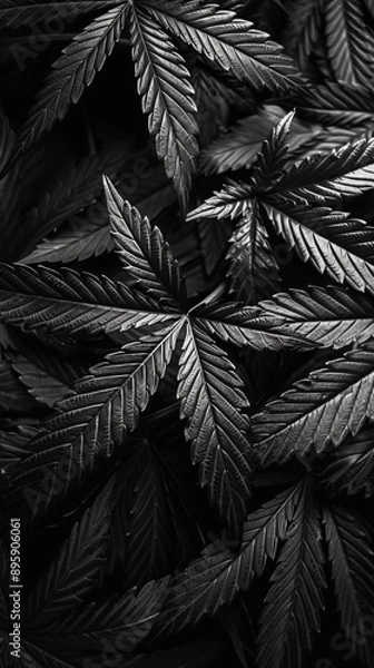 Fototapeta Monochromatic black cannabis leaves background with intense dramatic lighting