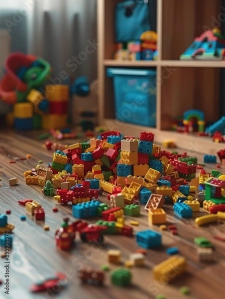 Fototapeta Bright and organized children's playroom featuring toy blocks, storage spaces, and toys for educational play.