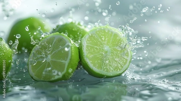 Fototapeta Lime slices floating on water surface, ready for refreshing drinks.