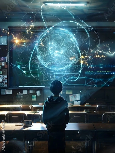 Fototapeta Futuristic quantum physics classroom featuring cutting edge technology seamlessly integrated into the daily learning experience 