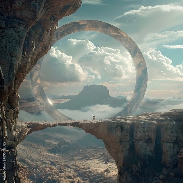 Fototapeta A interdimensional portal arch overlooking a surreal fantastical landscape in a scientific research context inviting and discovery of the unknown 