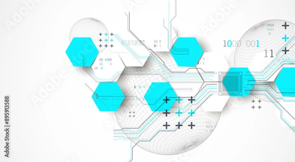 Obraz Abstract circuit board background with hexagons and sphere. Hi-tech digital technology concept. Hand drawn vector.