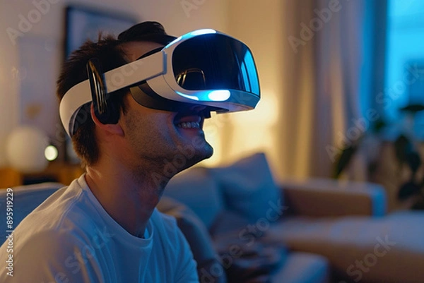 Fototapeta Man Enjoying Virtual Reality Experience in Cozy Home Setting,Immersive VR Gaming with Headset