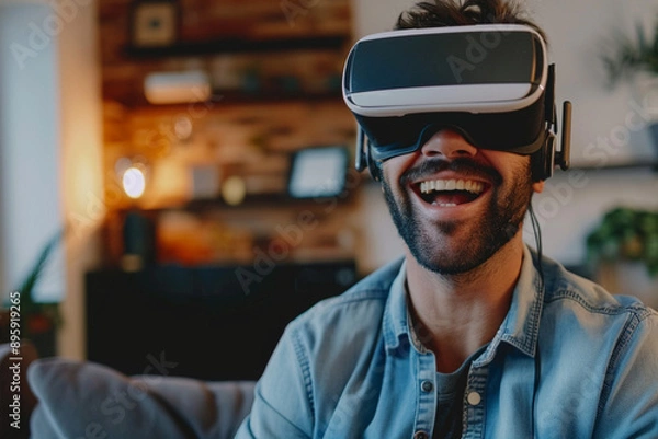 Fototapeta Man Enjoying Virtual Reality Experience in Cozy Home Setting,Immersive VR Gaming with Headset