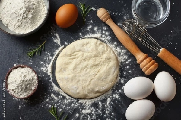 Fototapeta flour and ingredients of baking on black table