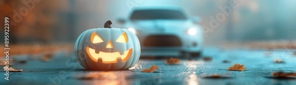 Fototapeta A pumpkin with a scary face is on the ground next to a car