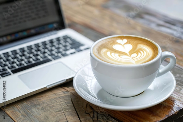Fototapeta A cup of coffee with latte art in the shape of heart on white plate and laptop computer beside at wooden table