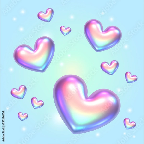 Obraz 3D three-dimensional gradient shapes with rainbow refraction, in the shape of a heart. Rainbow holiday hearts in y2k style with shimmering elements