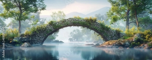 Fototapeta Ancient stone bridge spanning a tranquil river, 4K hyperrealistic photo