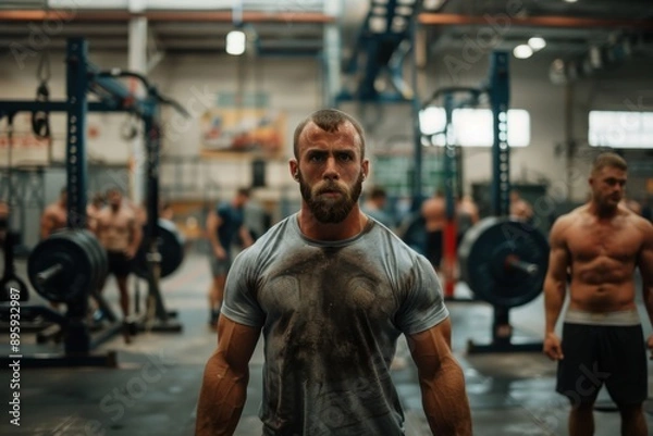 Fototapeta A strong man with impressive muscles is lifting weights in a busy industrial gym, demonstrating intense focus and strength as part of his rigorous workout routine.