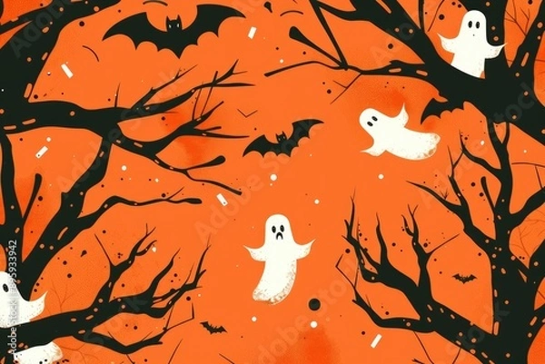 Obraz Spooky Halloween Sale Banner with Witches, Bats, Cobwebs, and Eerie Ghosts on Orange and Black Background