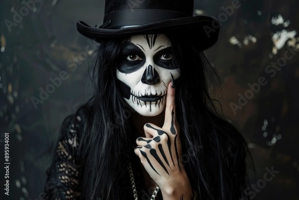 Obraz Woman with long black hair and skull face painting in various Halloween costumes at a studio, showcasing Halloween makeup and fashion.