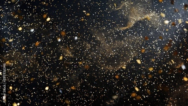 Fototapeta Sparkling golden confetti explosion on a dark background, leaving space for celebration messages