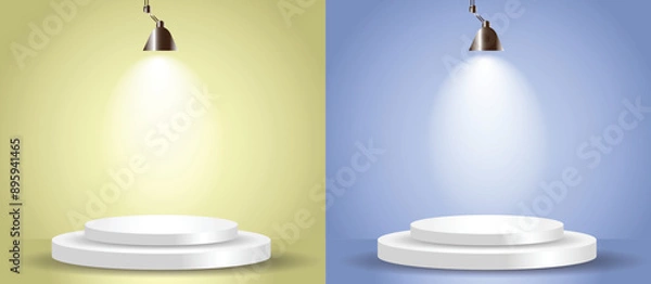 Fototapeta Vector spot lightened stage background. White lamp glow for display product, banner and show. flash sale background