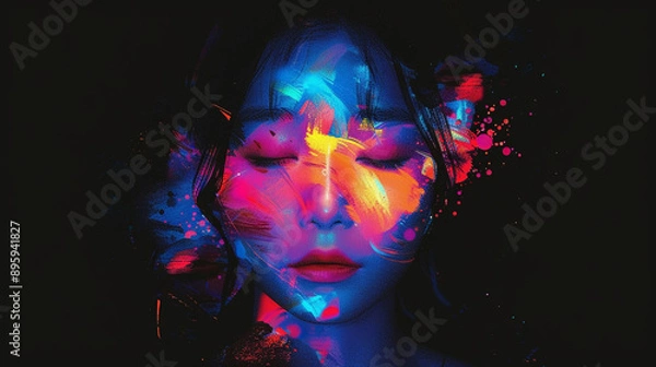 Fototapeta Vivid portrait of a beautiful Korean woman with colorful strokes and spots of paint on a black background
