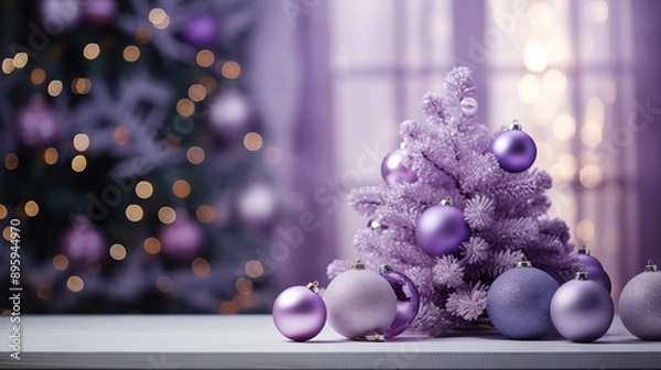 Fototapeta Christmas tree adorned with colorful ornaments including gold and purple baubles, set in a festive winter scene