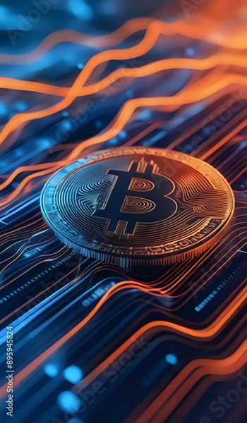 Obraz Digital transactions flowing representing bitcoin in orange and blue tones