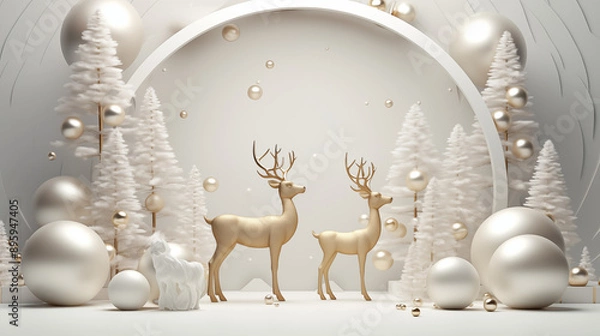 Fototapeta 3D scene gold deer with white background in christmas theme