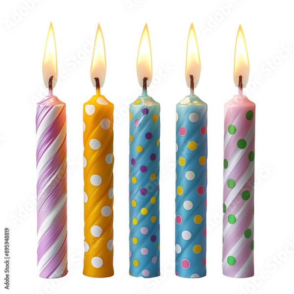 Fototapeta Set of birthday candles with flame, colorful candles, cake decoration. Isolated on transparent background