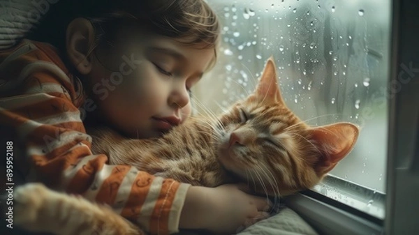 Obraz Toddler in pajamas cuddling with a sleepy cat on a rainy afternoon,