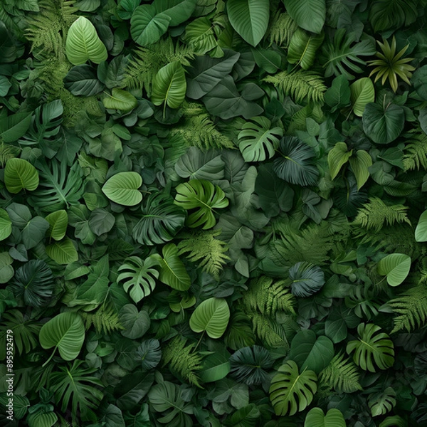 Fototapeta A lush green forest with many different types of plants and leaves