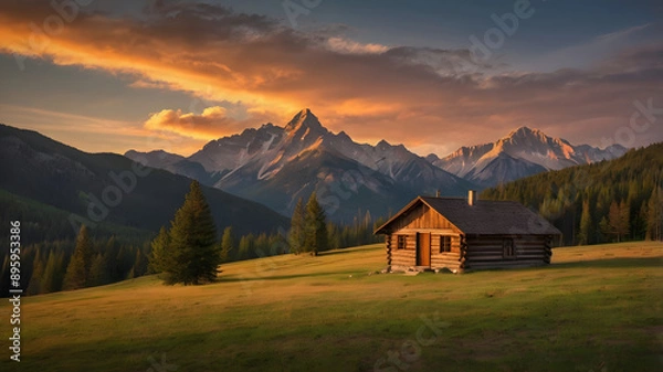 Obraz mountain hut in the mountains, ai generated