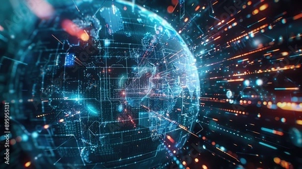 Fototapeta A futuristic background with a holographic globe and data streams.