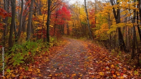 Fototapeta A beautiful forest trail covered in a vibrant mix of autumn leaves, with the trees above showing off their rich fall colors and a peaceful ambiance.
