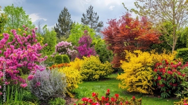 Fototapeta A beautiful spring garden featuring a variety of flowering shrubs, such as forsythia and azaleas, creating a lush and colorful landscape