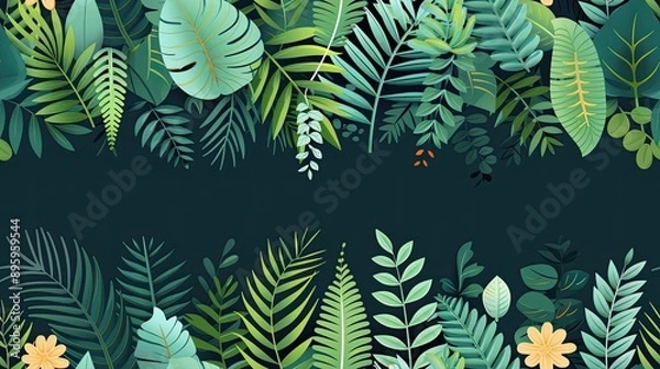 Fototapeta A close-up a variety of lush green tropical leaves in a seamless pattern SEAMLESS PATTERN